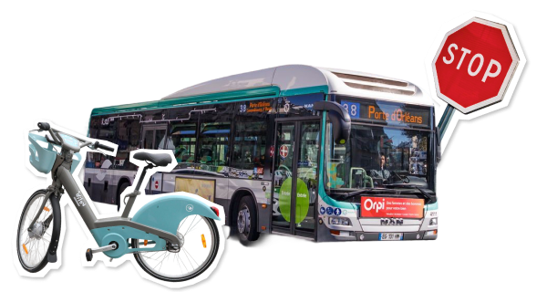 Une bicyclette, un bus urbain et le symbole d'un panneau « Stop », symbolisant les transports urbains et la circulation.